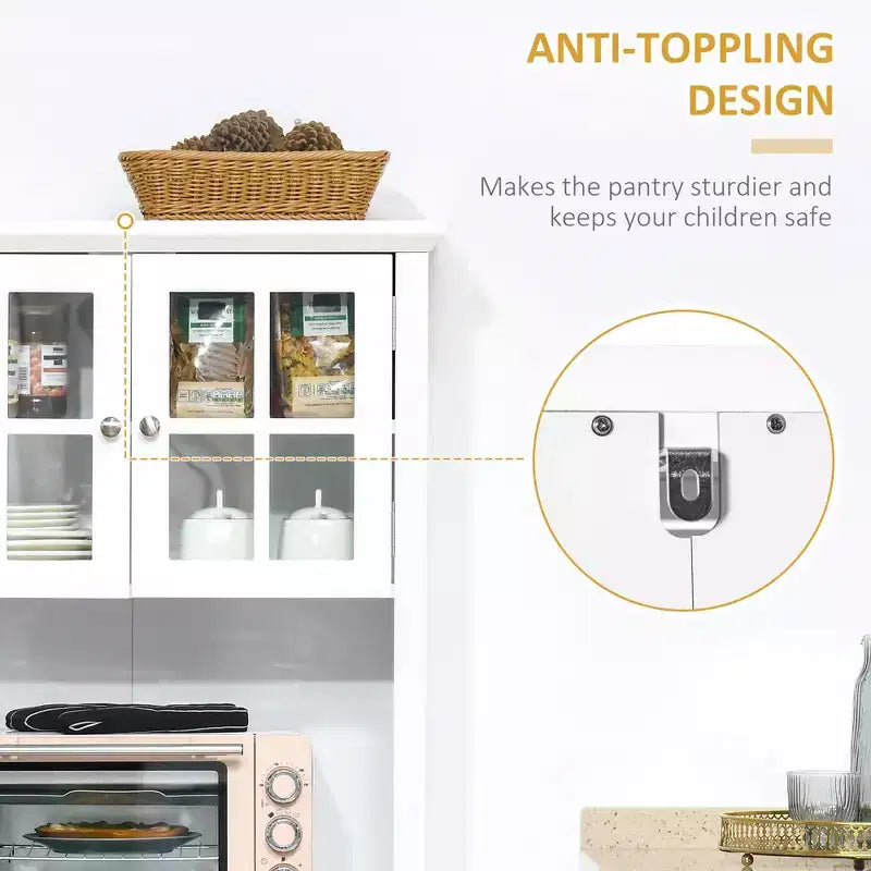 Elegante Credenza con Vetrina, Mobile Dispensa da Cucina con Anta in Vetro, Cassetto e Spazio per Microonde