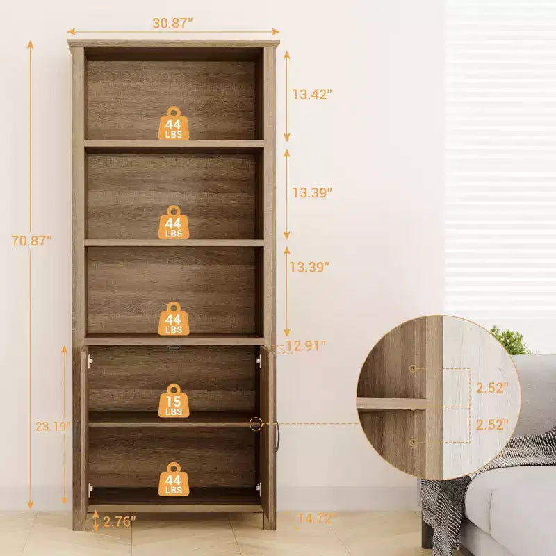 70 Inch Tall Bookshelf 5 Tier Bookcase with Barn Doors and Adjustable Shelves, Walnut Farmhouse Book Shelf with Storage Cabinet