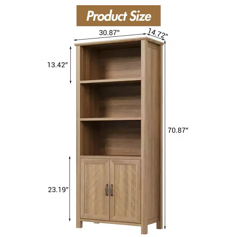 70 Inch Tall Bookshelf 5 Tier Bookcase with Barn Doors and Adjustable Shelves, Walnut Farmhouse Book Shelf with Storage Cabinet