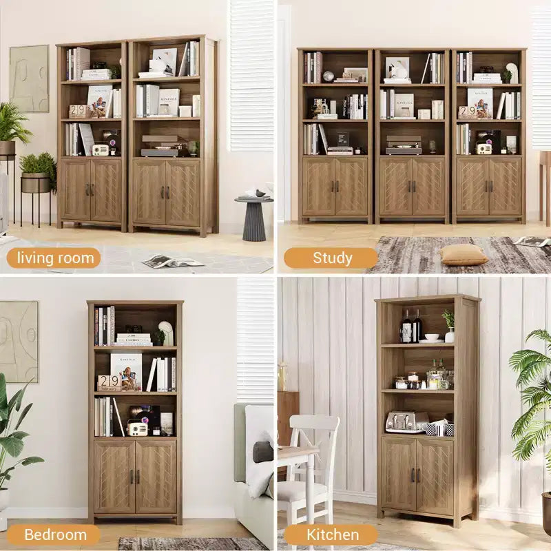 70 Inch Tall Bookshelf 5 Tier Bookcase with Barn Doors and Adjustable Shelves, Walnut Farmhouse Book Shelf with Storage Cabinet
