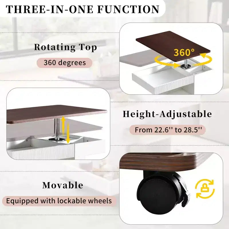 Tavolino moderno con ruote, tavolino multifunzionale con sollevamento regolabile a 360°, piano e contenitore, tavolino d'appoggio per soggiorno