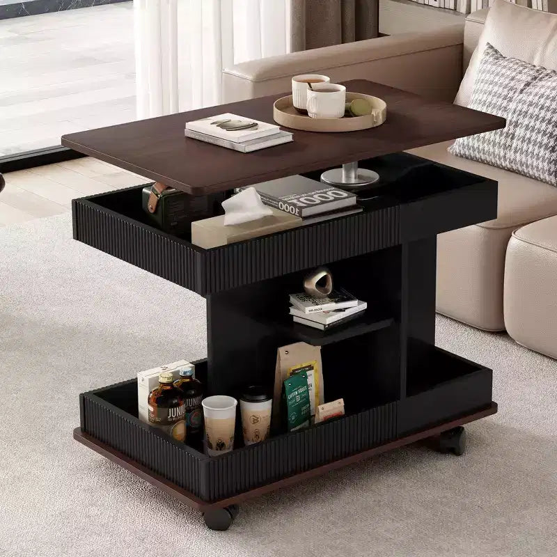 Tavolino moderno con ruote, tavolino multifunzionale con sollevamento regolabile a 360°, piano e contenitore, tavolino d'appoggio per soggiorno