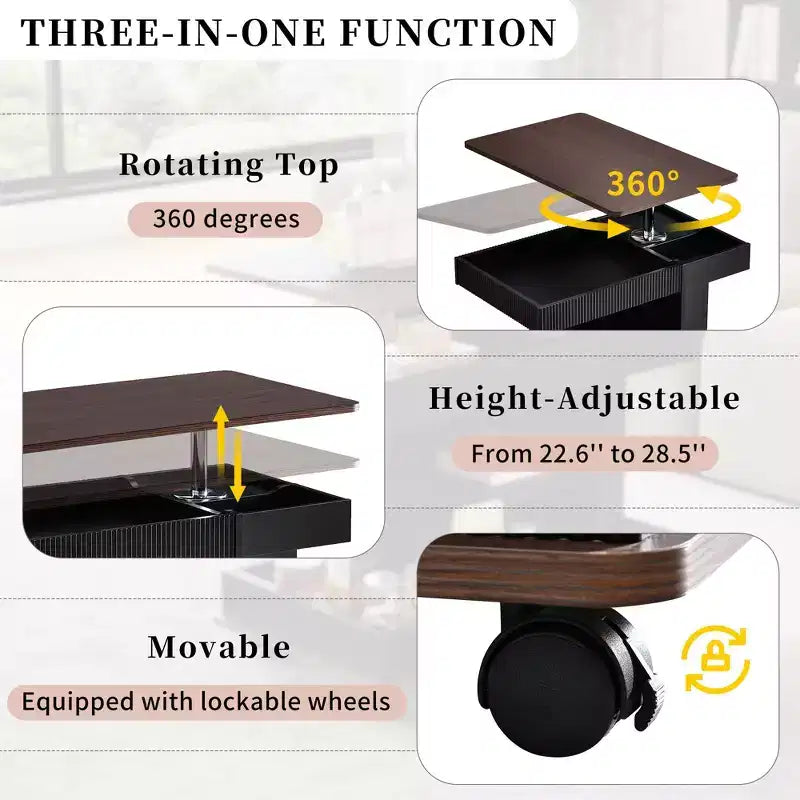 Tavolino moderno con ruote, tavolino multifunzionale con sollevamento regolabile a 360°, piano e contenitore, tavolino d'appoggio per soggiorno