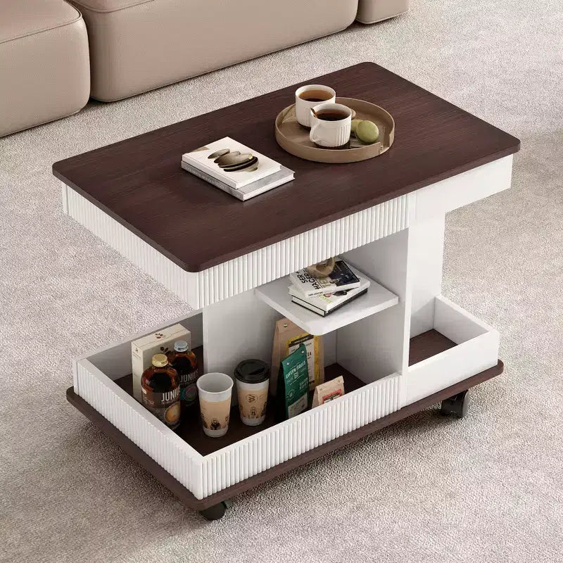 Tavolino moderno con ruote, tavolino multifunzionale con sollevamento regolabile a 360°, piano e contenitore, tavolino d'appoggio per soggiorno