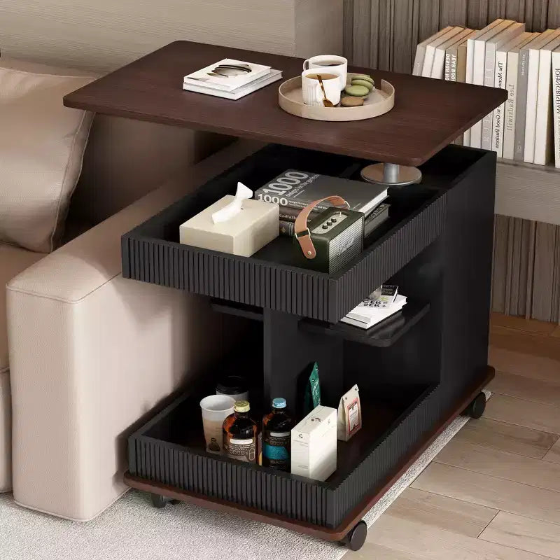 Tavolino moderno con ruote, tavolino multifunzionale con sollevamento regolabile a 360°, piano e contenitore, tavolino d'appoggio per soggiorno