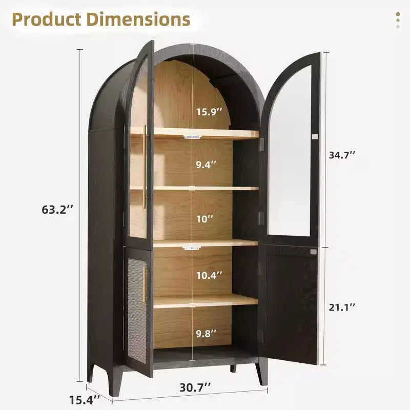 63 Tall Arched Storage Cabinet 5 Tier Glass Rattan Door Black