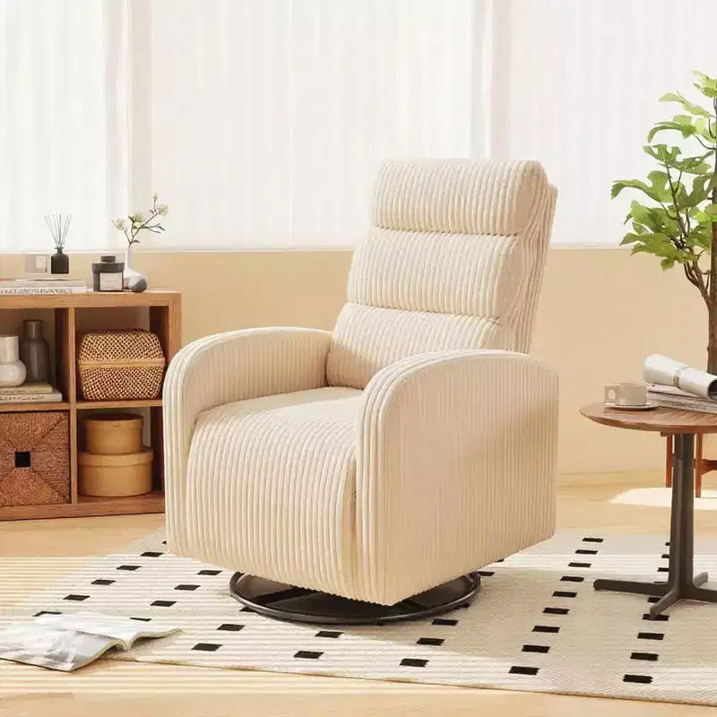 Sedia a Dondolo Girevole a 360° per Nursery in Tessuto a Coste con Cuscino Imbottito, Sedia Comoda con Schienale Alto, Beige