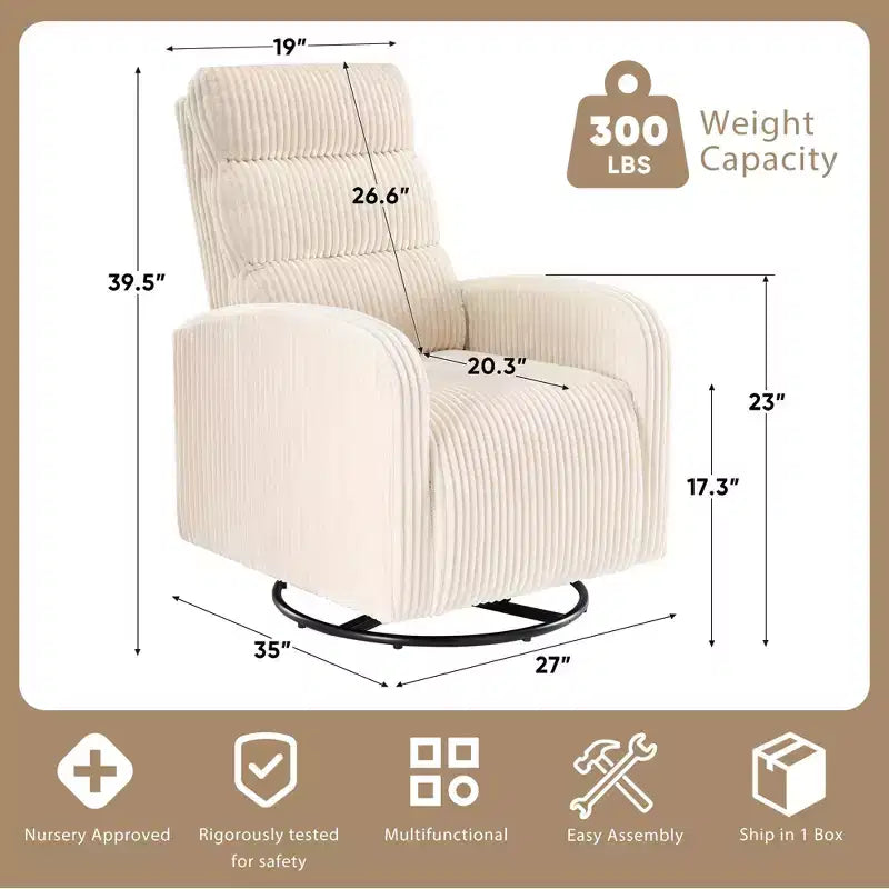 360 Swivel Rocking Nursery Chair Corduroy Fabric with Thickened Cushion, High Back Comfy Chair, Beige