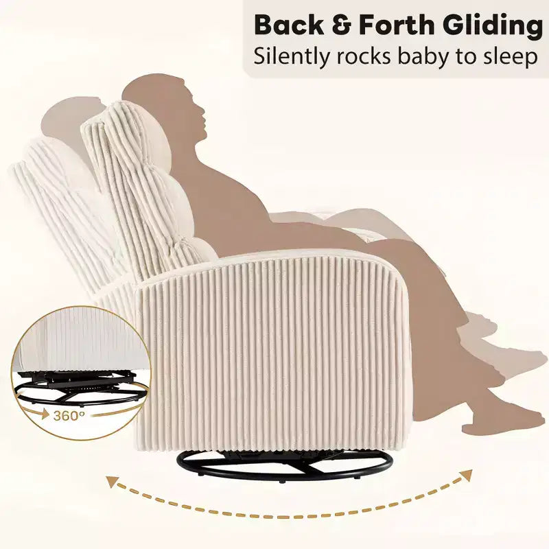 Sedia a Dondolo Girevole a 360° per Nursery in Tessuto a Coste con Cuscino Imbottito, Sedia Comoda con Schienale Alto, Beige