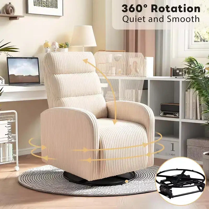 360 Swivel Rocking Nursery Chair Corduroy Fabric with Thickened Cushion, High Back Comfy Chair, Beige