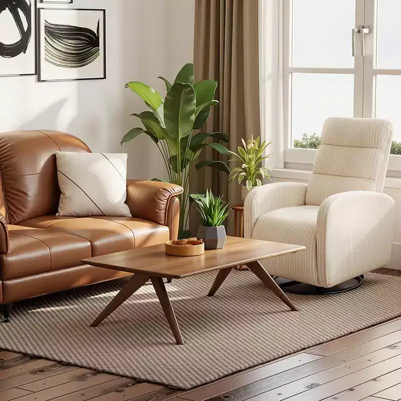 Sedia a Dondolo Girevole a 360° per Nursery in Tessuto a Coste con Cuscino Imbottito, Sedia Comoda con Schienale Alto, Beige