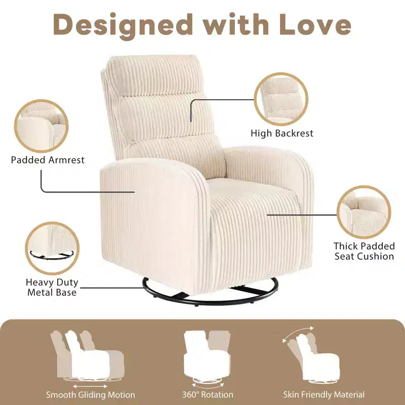 Sedia a Dondolo Girevole a 360° per Nursery in Tessuto a Coste con Cuscino Imbottito, Sedia Comoda con Schienale Alto, Beige