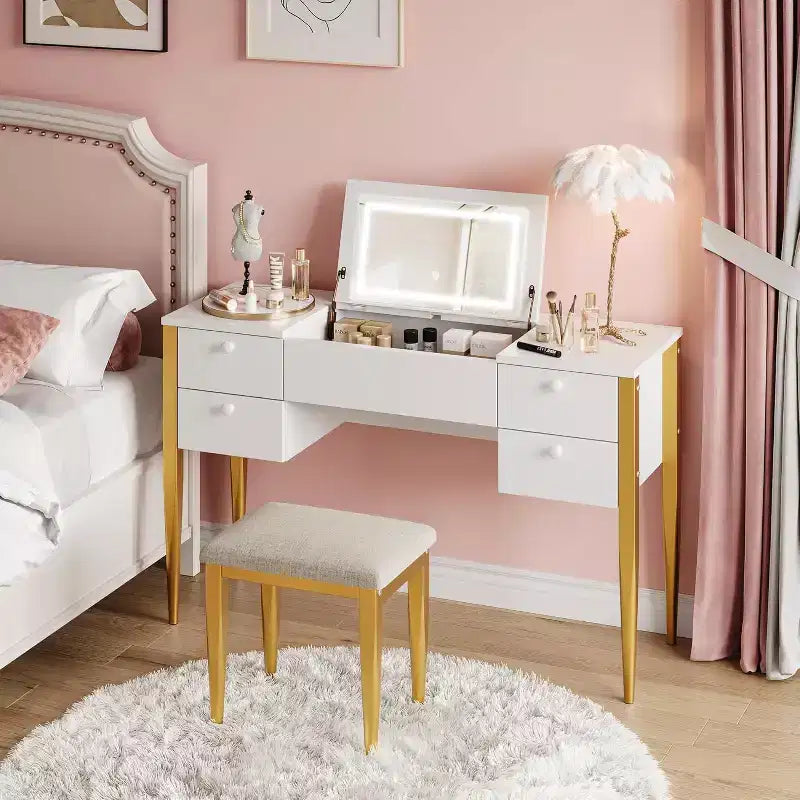 Toeletta Trucco da 119 cm con Specchio a Scomparsa, Set Moderno da Trucco con Sedia e 5 Cassetti per Camera da Letto, Spogliatoio, Guardaroba