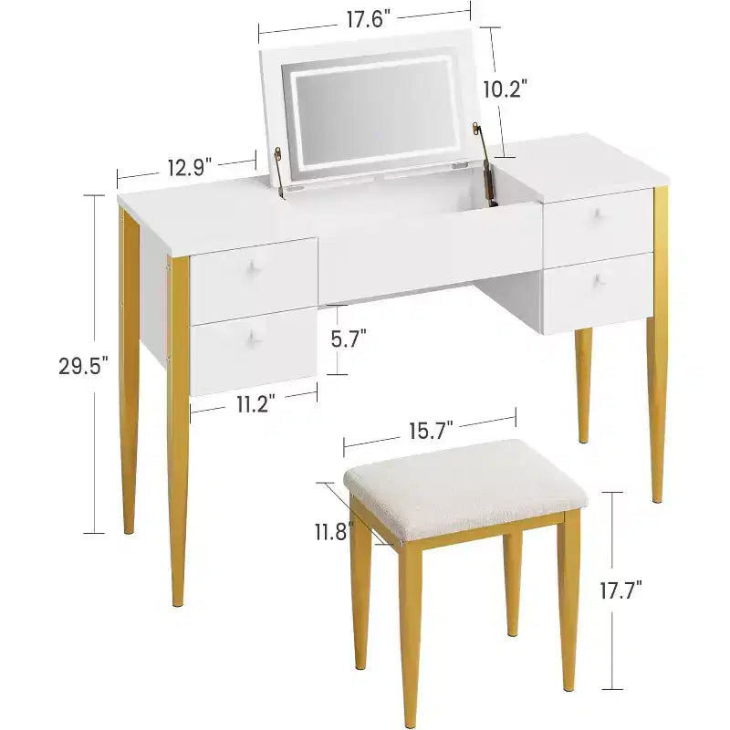 Toeletta Trucco da 119 cm con Specchio a Scomparsa, Set Moderno da Trucco con Sedia e 5 Cassetti per Camera da Letto, Spogliatoio, Guardaroba