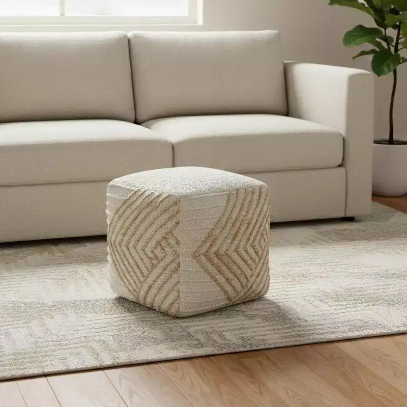 18 Natural and Off White Cotton Jute And Wool Geometric Cube Pouf Ottoman