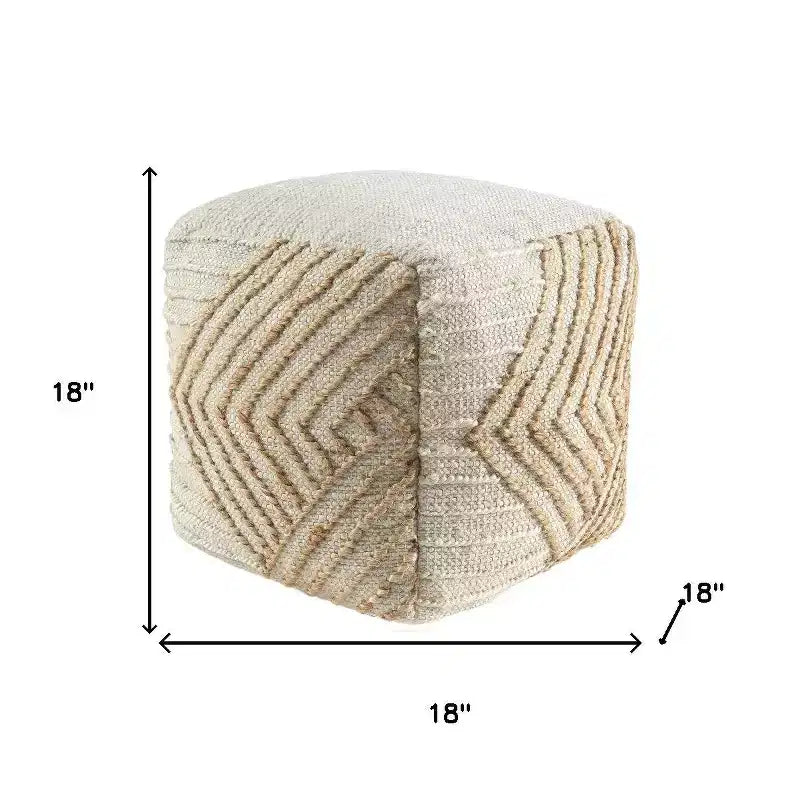 18 Natural and Off White Cotton Jute And Wool Geometric Cube Pouf Ottoman