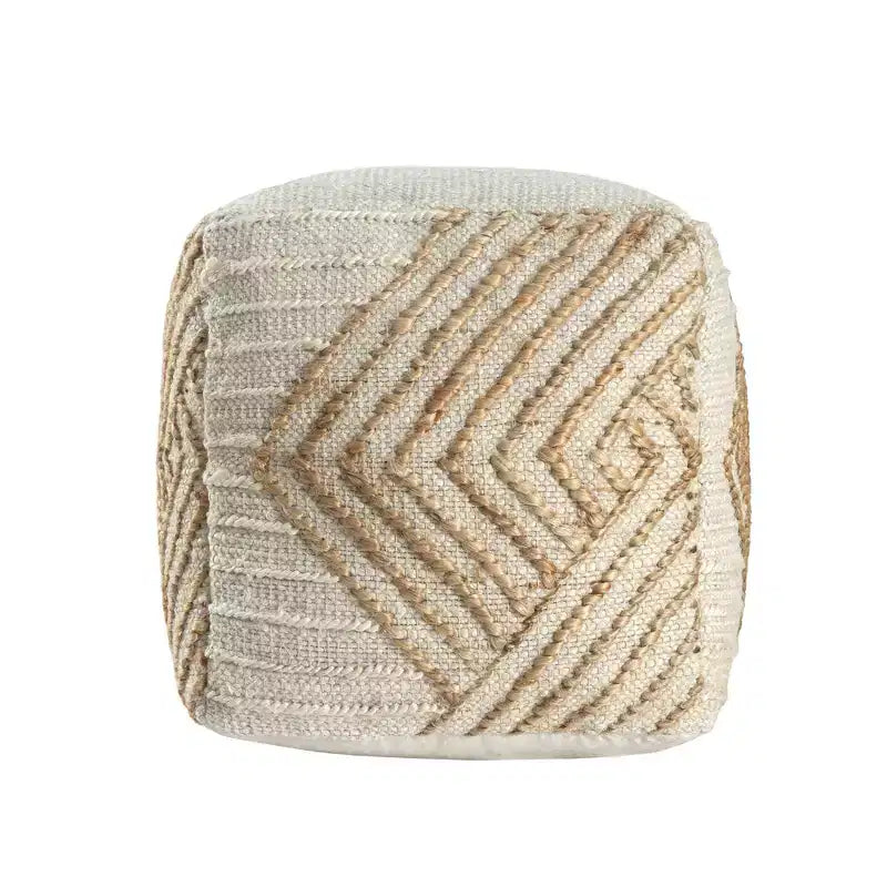 Pouf Ottomano Cubo Geometrico in Cotone, Iuta e Lana Naturale e Bianco Sporco 18