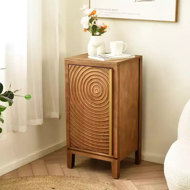 Geometric Ripple End Table with Storage, Modern Retro Style, 16.5 x 14 x 31 Inches, Indoor Living Room Furniture, Natural Finish