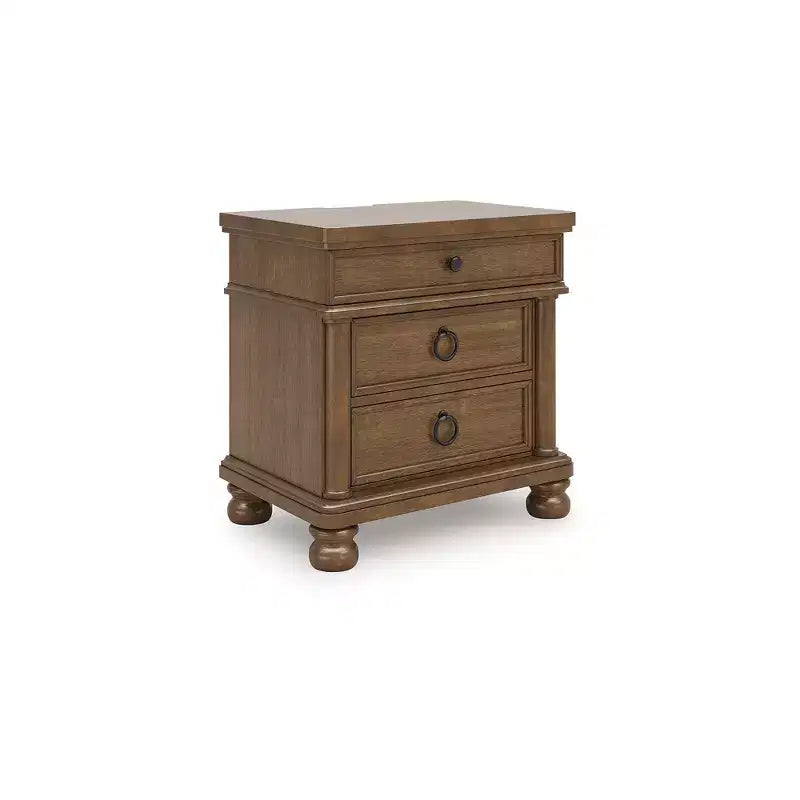 Greddinton Three Dovetail Design Drawer Night Stand with USB Charging, Brown