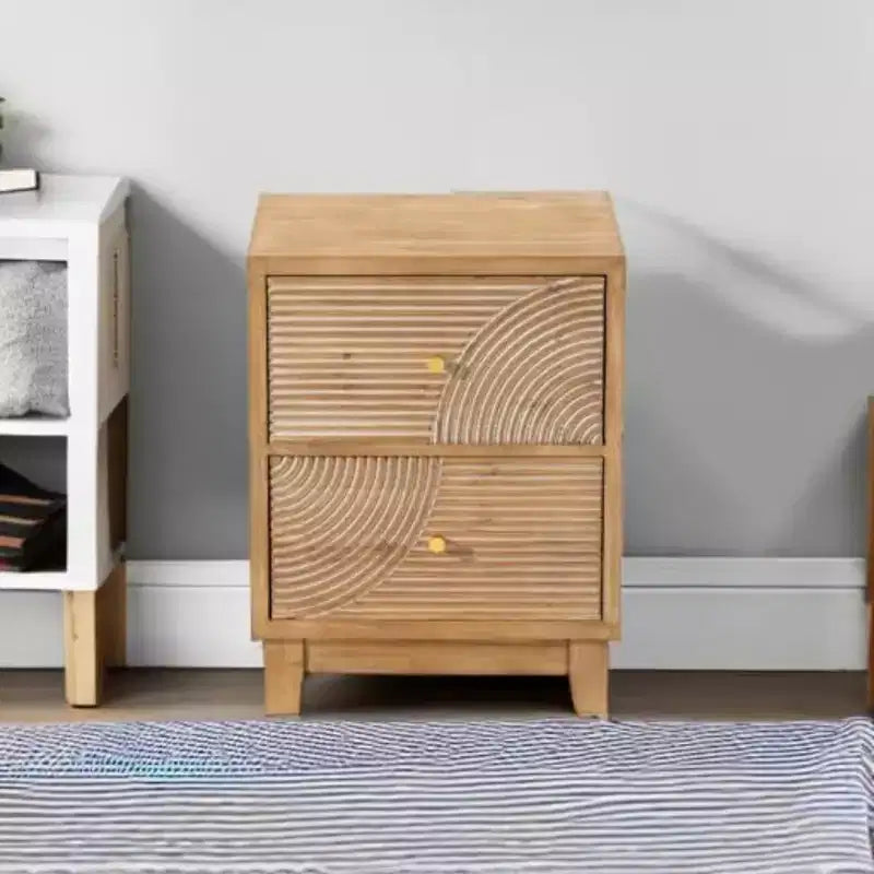 Comodino Rustico con 2 Cassetti con Motivo ad Anello in Legno, Naturale, Set da 2