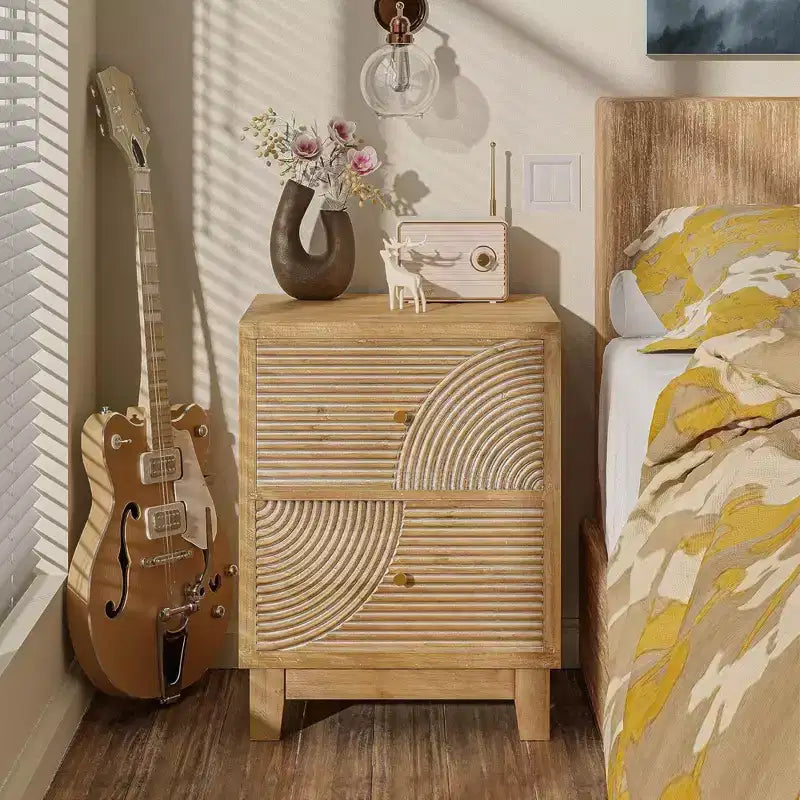 Comodino Rustico con 2 Cassetti con Motivo ad Anello in Legno, Naturale, Set da 2