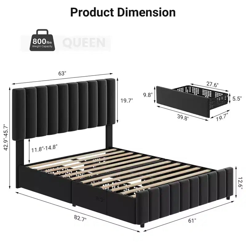 Bed Frame, Linen Quilted Upholstered Platform Bed with Adjustable Headboard & 4 Storage Drawers, Sturdy Wooden Slats Support