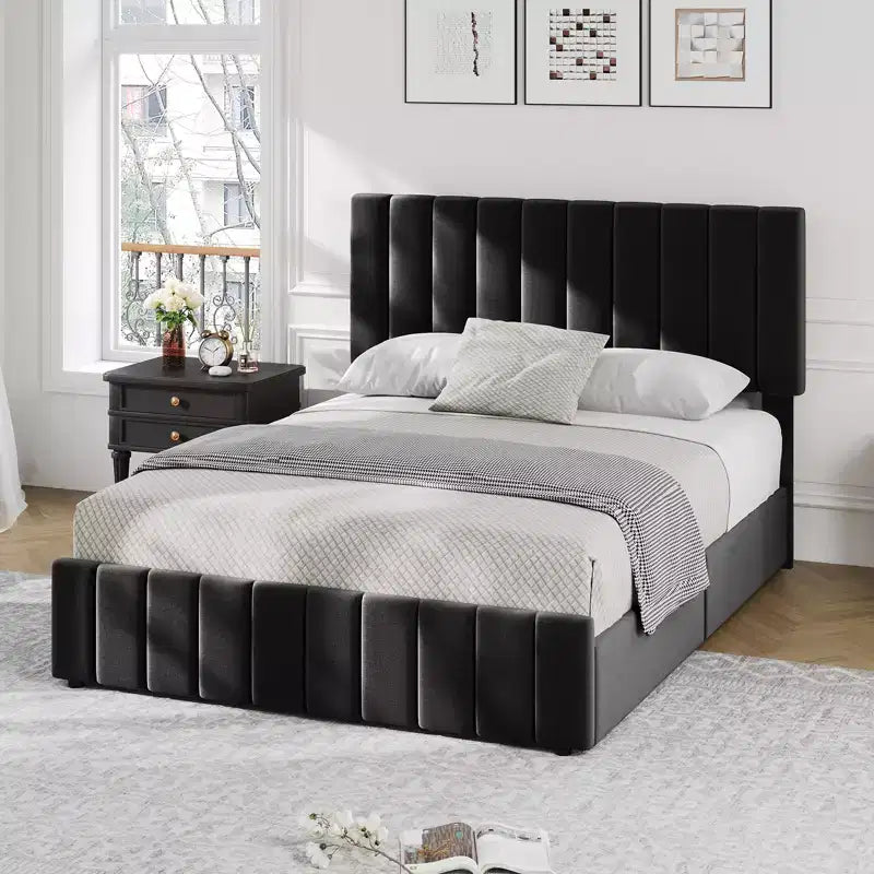 Bed Frame, Linen Quilted Upholstered Platform Bed with Adjustable Headboard & 4 Storage Drawers, Sturdy Wooden Slats Support