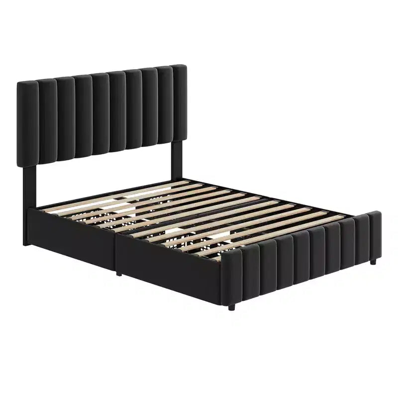Bed Frame, Linen Quilted Upholstered Platform Bed with Adjustable Headboard & 4 Storage Drawers, Sturdy Wooden Slats Support