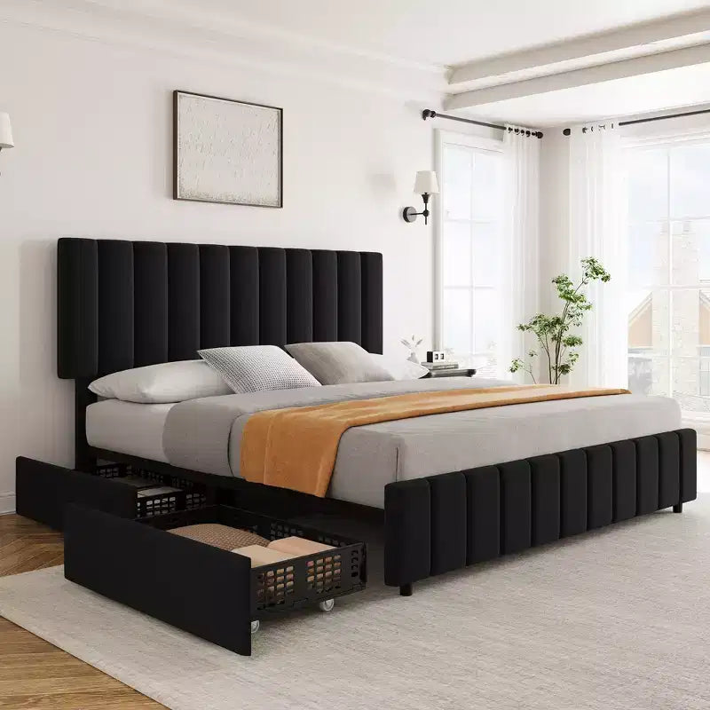 Bed Frame, Linen Quilted Upholstered Platform Bed with Adjustable Headboard & 4 Storage Drawers, Sturdy Wooden Slats Support