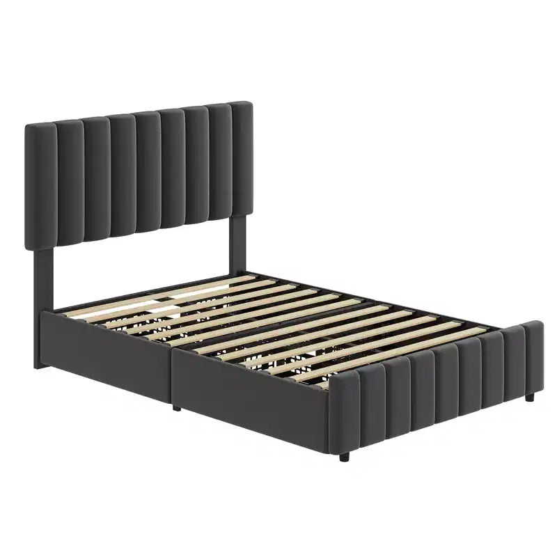 Bed Frame, Linen Quilted Upholstered Platform Bed with Adjustable Headboard & 4 Storage Drawers, Sturdy Wooden Slats Support