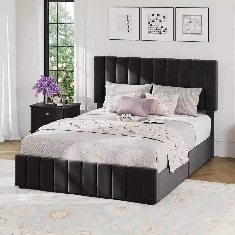 Bed Frame, Linen Quilted Upholstered Platform Bed with Adjustable Headboard & 4 Storage Drawers, Sturdy Wooden Slats Support
