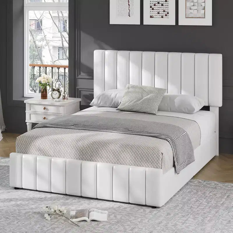 Bed Frame, Linen Quilted Upholstered Platform Bed with Adjustable Headboard & 4 Storage Drawers, Sturdy Wooden Slats Support