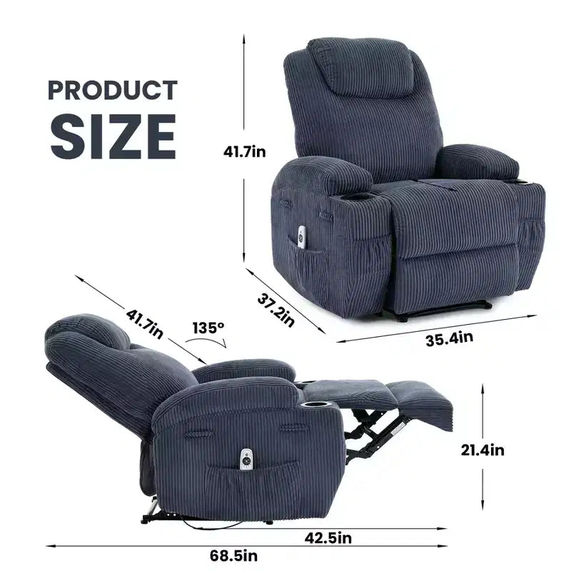Massage Recliner Chair, Ultra, Comfortable Reclining (135 Adjustable), Dual Cup Holders & Side Storage Pockets, Easy Tool Assembly