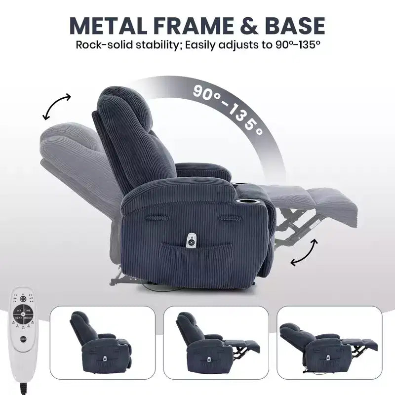 Poltrona Massaggiante Reclinabile, Ultra Confortevole (Inclinazione 135° Regolabile), Doppio Portabicchieri e Tasche Laterali, Montaggio Facile Senza Attrezzi