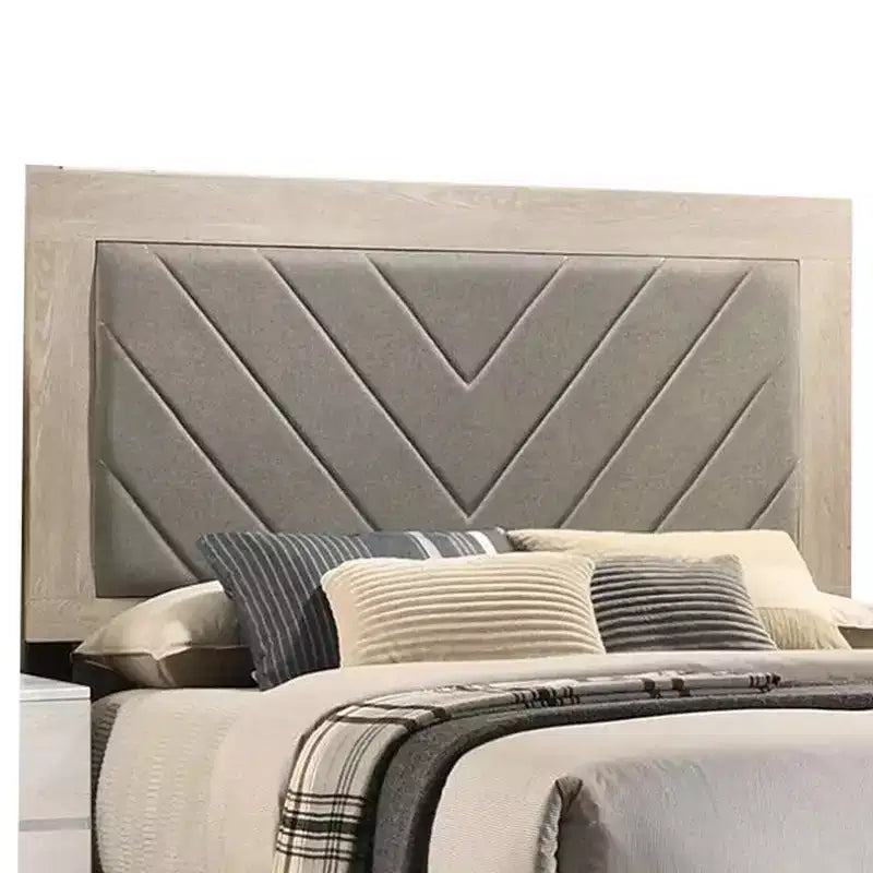 Upholstered California King Bed, Tufted Gray Headboard, Cream White
