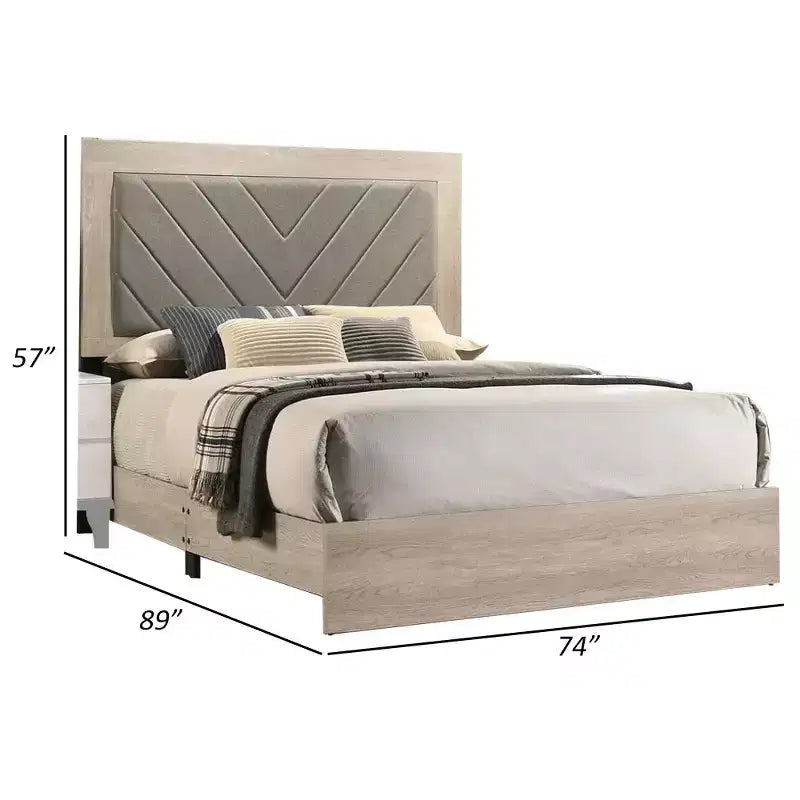 Upholstered California King Bed, Tufted Gray Headboard, Cream White