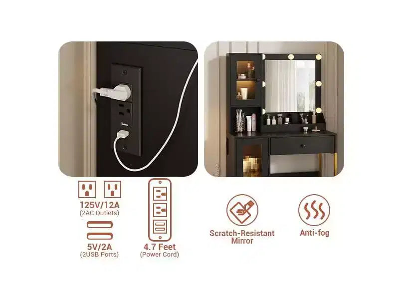 Vanity Desk with Mirror, 3 Lighting Modes Lights, Built, in Outlets & USB Ports, Spacious Drawers & Storage Cabinet, Makeup Dressing Table for Bedroom