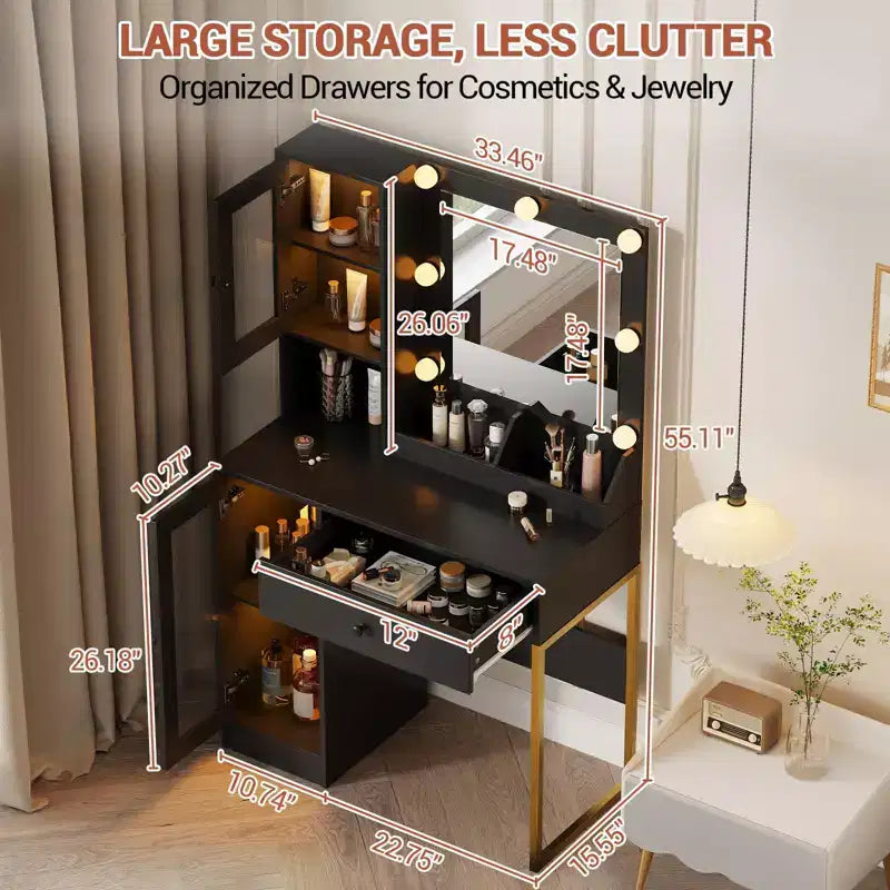 Vanity Desk with Mirror, 3 Lighting Modes Lights, Built, in Outlets & USB Ports, Spacious Drawers & Storage Cabinet, Makeup Dressing Table for Bedroom