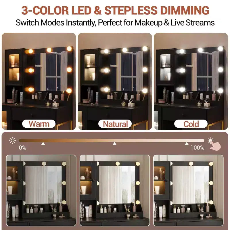 Vanity Desk with Mirror, 3 Lighting Modes Lights, Built, in Outlets & USB Ports, Spacious Drawers & Storage Cabinet, Makeup Dressing Table for Bedroom