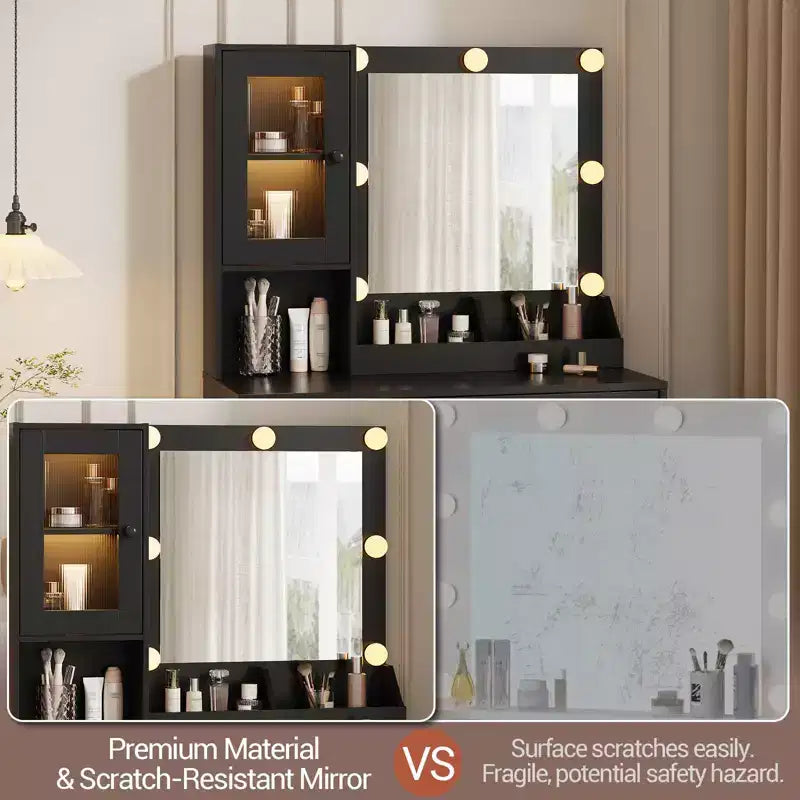 Vanity Desk with Mirror, 3 Lighting Modes Lights, Built, in Outlets & USB Ports, Spacious Drawers & Storage Cabinet, Makeup Dressing Table for Bedroom