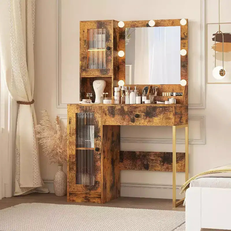 Vanity Desk with Mirror, 3 Lighting Modes Lights, Built, in Outlets & USB Ports, Spacious Drawers & Storage Cabinet, Makeup Dressing Table for Bedroom