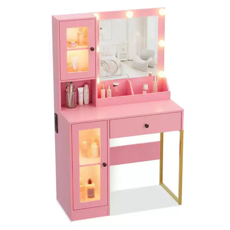 Vanity Desk with Mirror, 3 Lighting Modes Lights, Built, in Outlets & USB Ports, Spacious Drawers & Storage Cabinet, Makeup Dressing Table for Bedroom