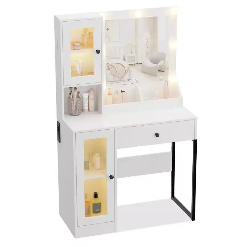 Vanity Desk with Mirror, 3 Lighting Modes Lights, Built, in Outlets & USB Ports, Spacious Drawers & Storage Cabinet, Makeup Dressing Table for Bedroom