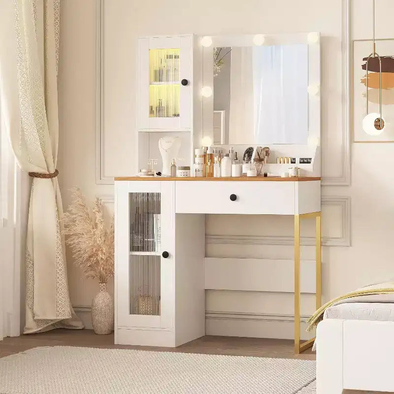 Vanity Desk with Mirror, 3 Lighting Modes Lights, Built, in Outlets & USB Ports, Spacious Drawers & Storage Cabinet, Makeup Dressing Table for Bedroom