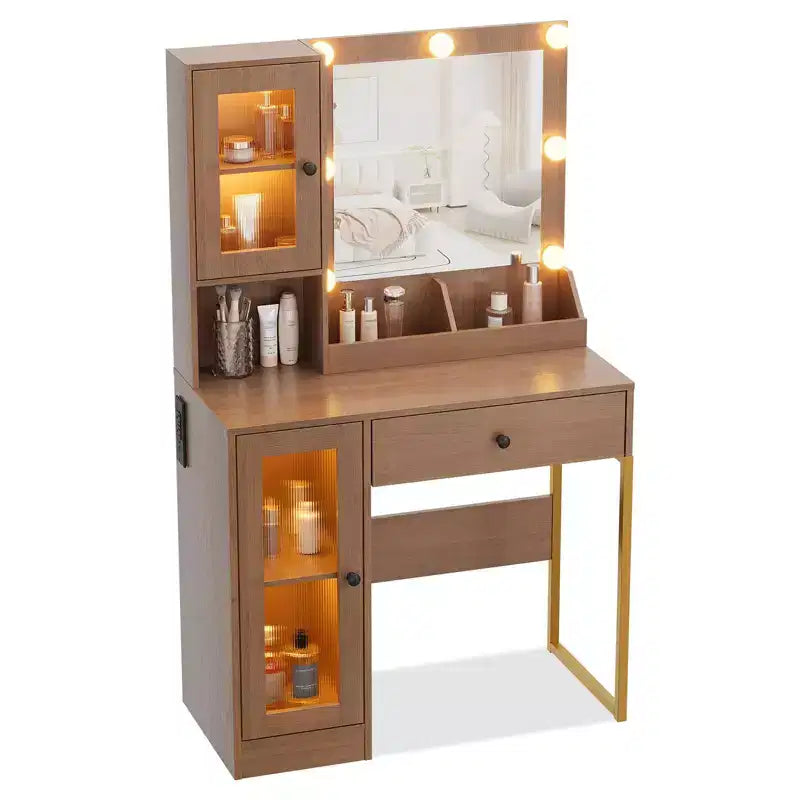 Vanity Desk with Mirror, 3 Lighting Modes Lights, Built, in Outlets & USB Ports, Spacious Drawers & Storage Cabinet, Makeup Dressing Table for Bedroom