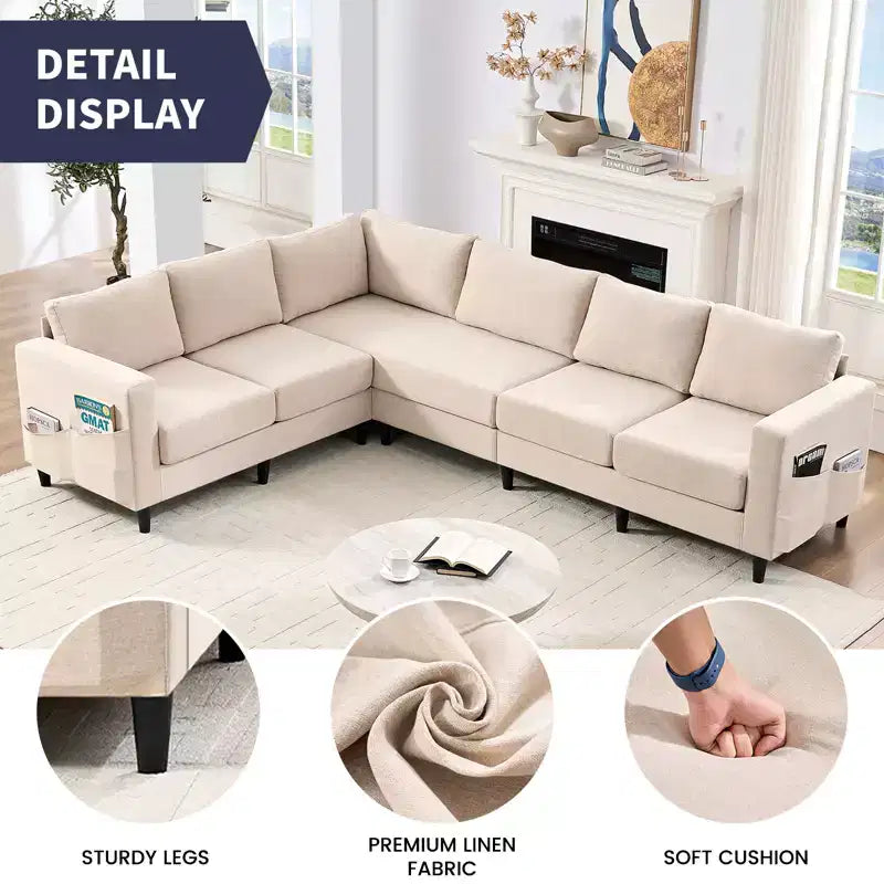 Divano componibile oversize 108Linen, a L, con tasca laterale, grande divano angolare a 6 posti
