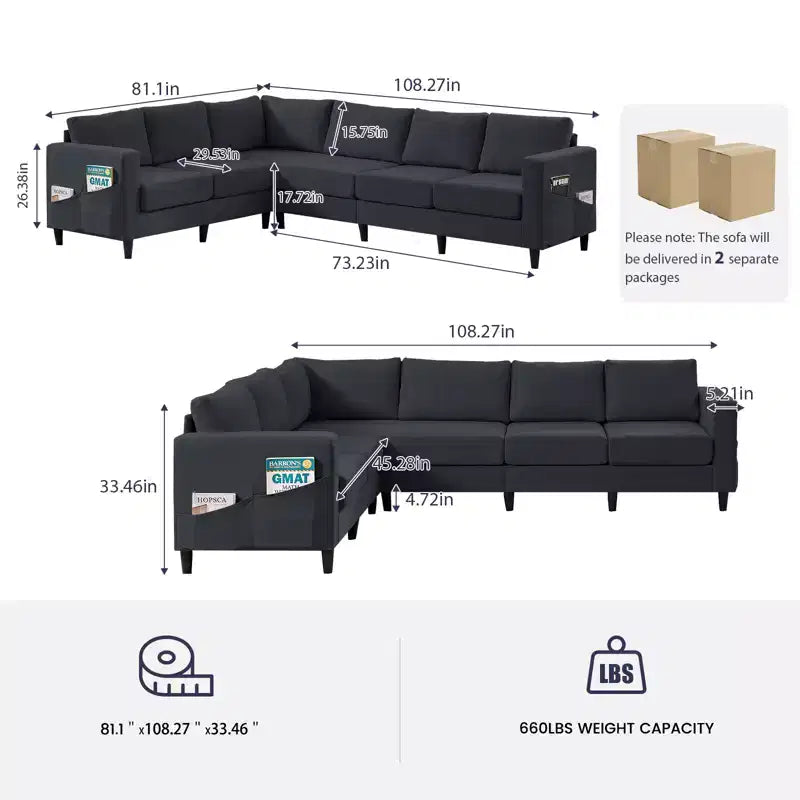 Divano componibile oversize 108Linen, a L, con tasca laterale, grande divano angolare a 6 posti