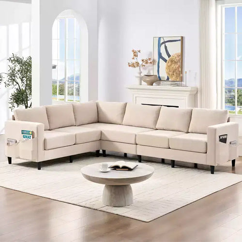 108Linen Oversized Modular Sectional Sofa, L, Shaped Sectional Sofas with Side Pocket, Large 6 Seater Corner Sofa