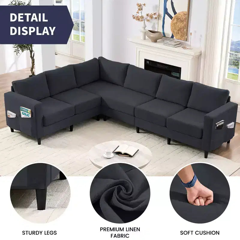 Divano componibile oversize 108Linen, a L, con tasca laterale, grande divano angolare a 6 posti