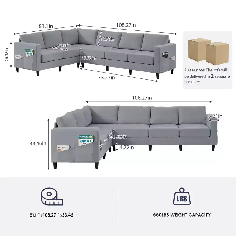 Divano componibile oversize 108Linen, a L, con tasca laterale, grande divano angolare a 6 posti